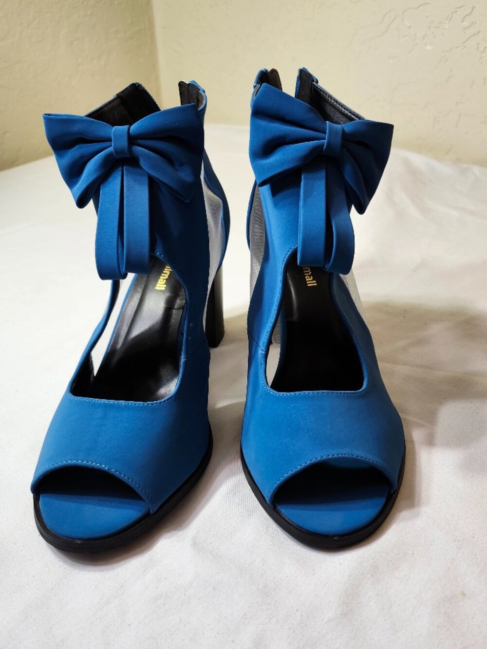 Fashion Mesh Hollowed-out Bow Blue Zipper Heel Boots with Bow